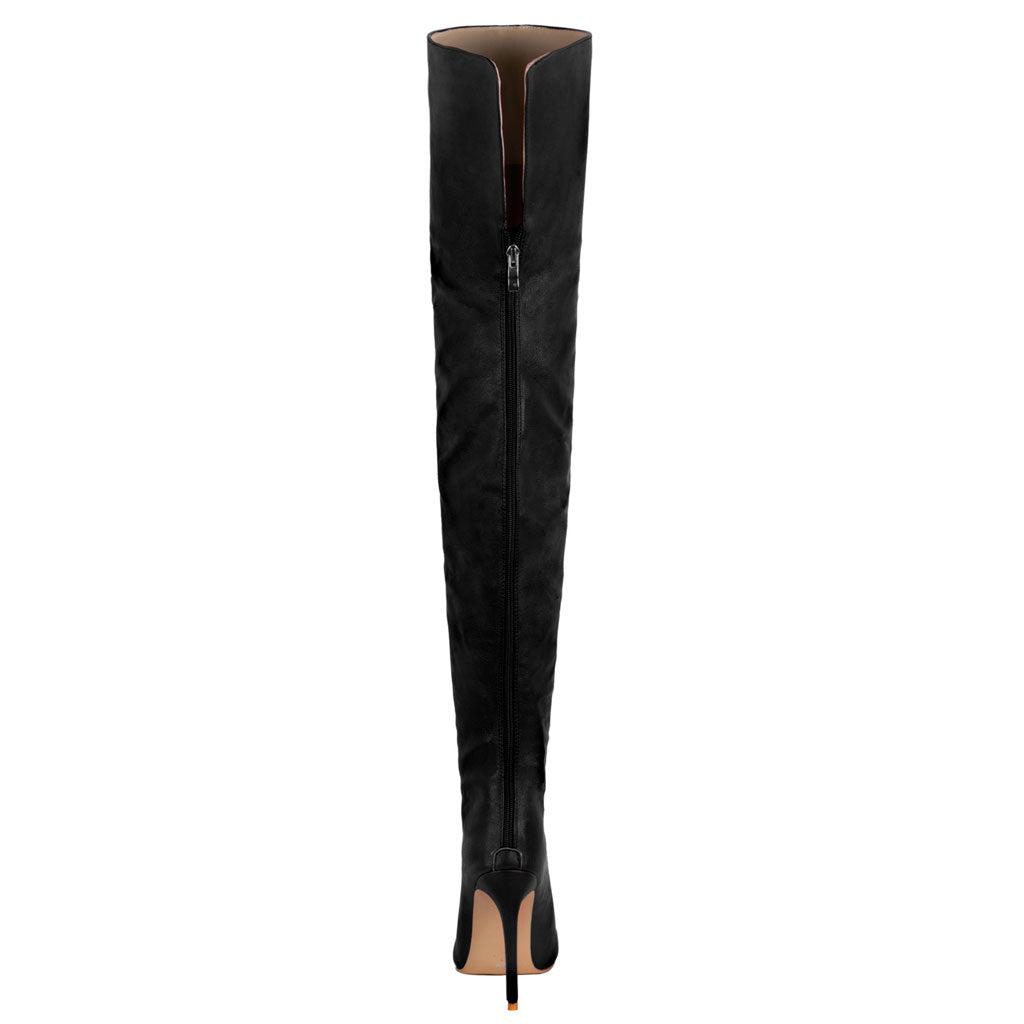 Sleek Pointed Toe Faux Leather Over Knee Stiletto Boots Black Luxedress 8767