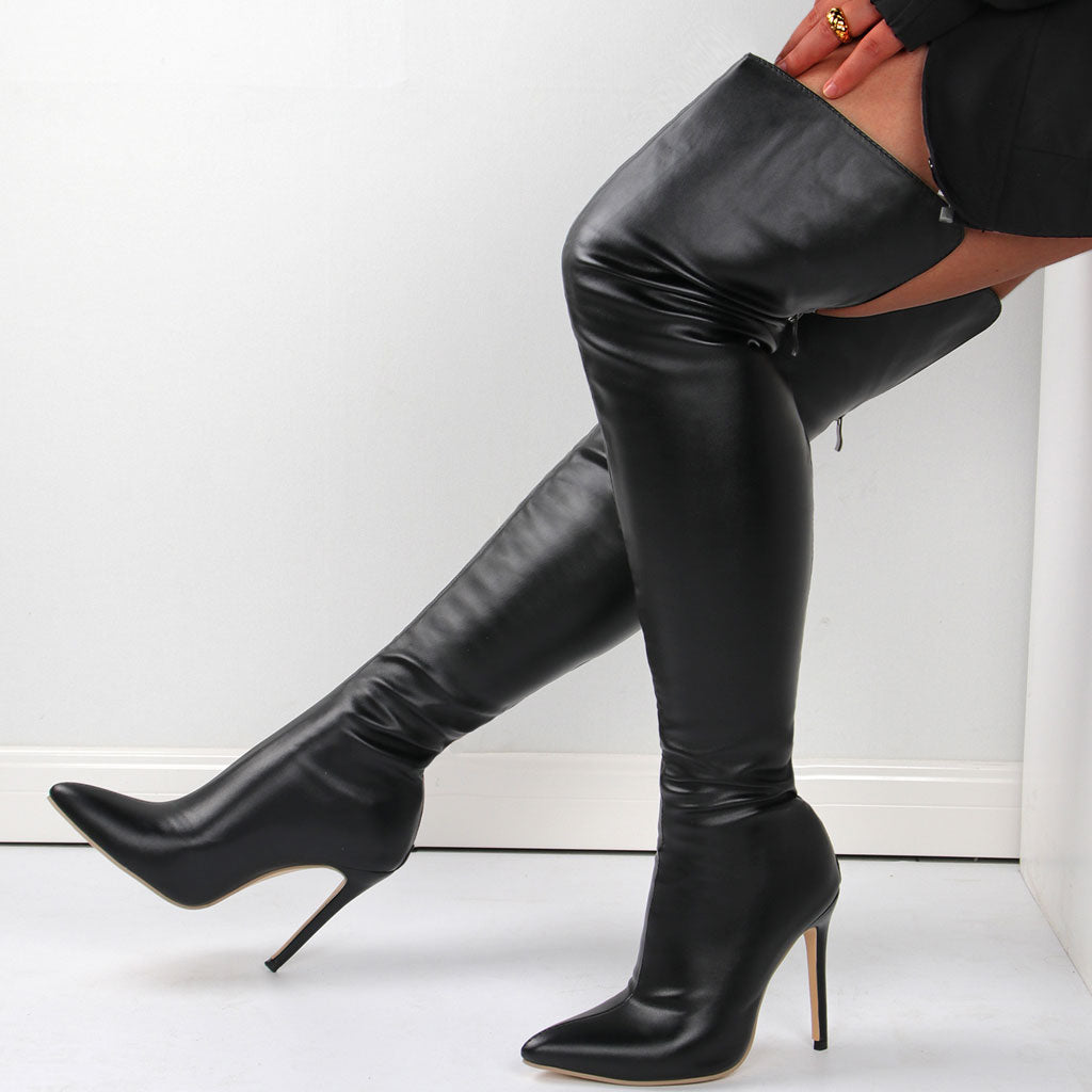 Sleek Pointed Toe Faux Leather Over Knee Stiletto Boots Black Luxedress 