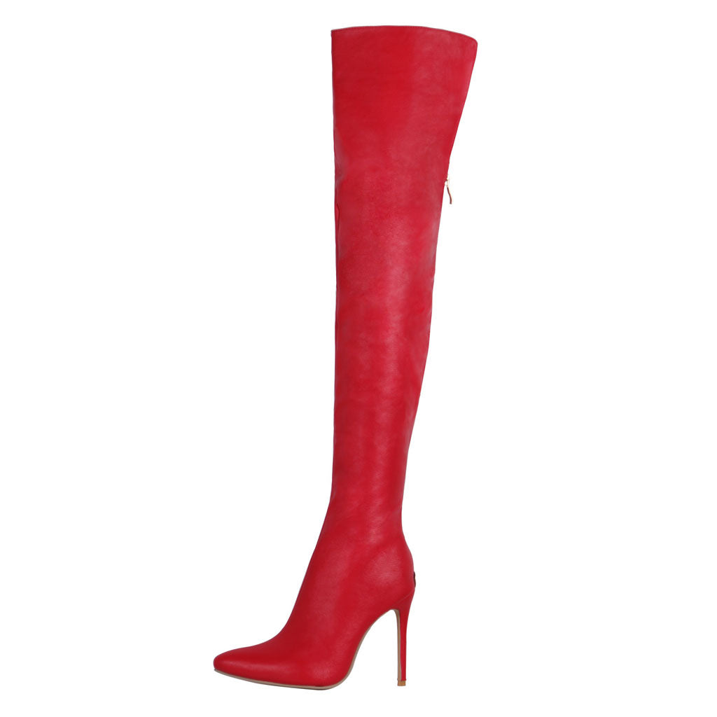 Sleek Pointed Toe Faux Leather Over Knee Stiletto Boots - Red – Luxedress