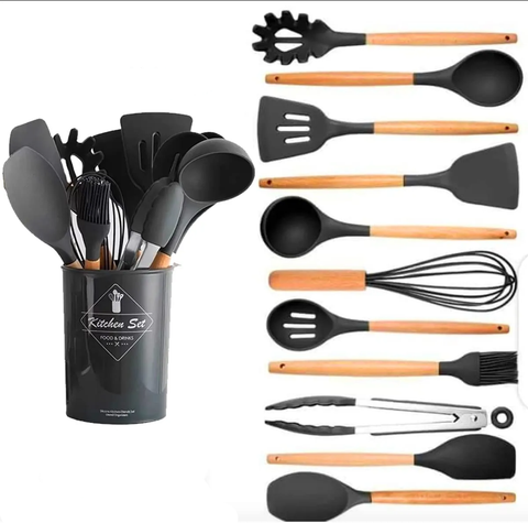 Kit Utensílios de Cozinha Silicone com Cabo de Madeira - 12 Peças