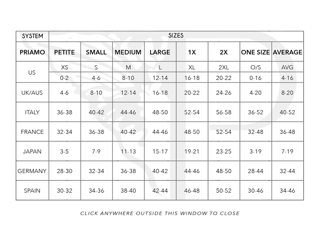 SIZE CHART WOMEN – Priamo Enterprises Inc