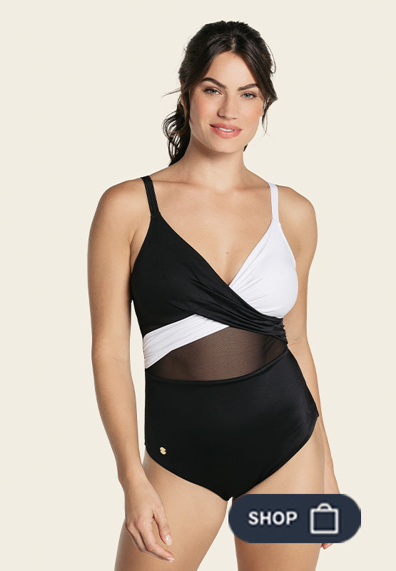 Cross-front contrast graphic one-piece slimming swimsuit