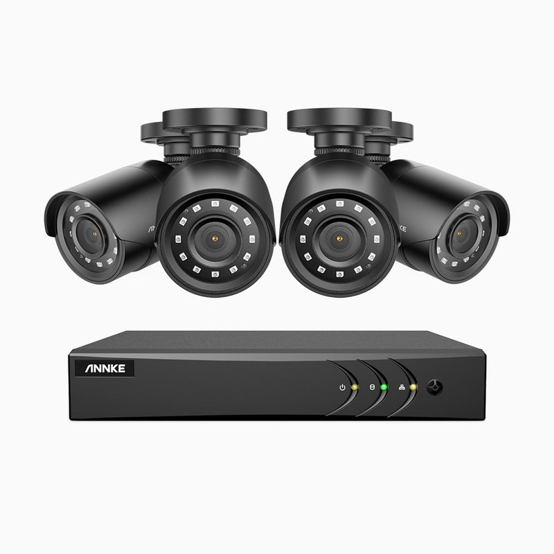 E200 - Kit de surveillance filaire 1080p à 8 canaux avec 4 caméras, H.265+ Smart DVR avec détection humaine et véhicule, vision nocturne Infrarouge 30m