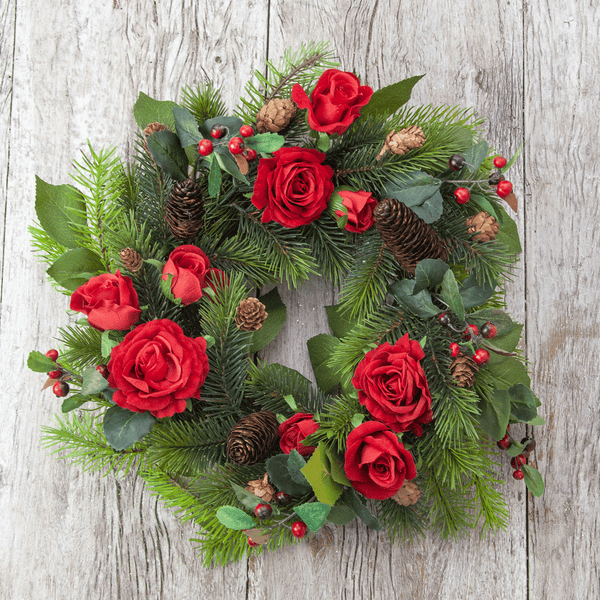 holly wreath December peony faux flowers