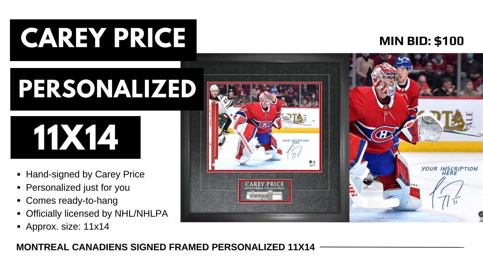 Carey Price personalized photo. Frameworth Auctions