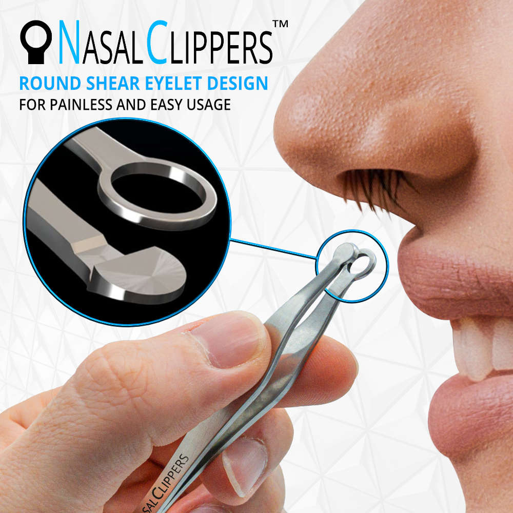 Close-up: Nasal hair trimming with Nasal Clippers. Cutaway view of mechanical mechanism. Logo with 'Round shear eyelet design for painless use.'