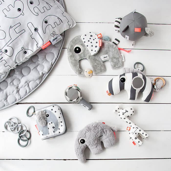 Done by Deer activity toys and blanket in monochrome colours