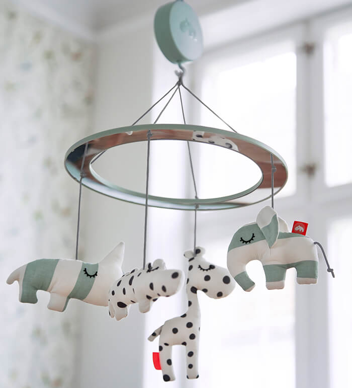 Done by Deer musical mirror mobile in neutral colours with Deer friends