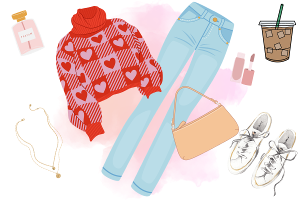 Casual Valentine’s Day Outfit example with heart sweater and jeans