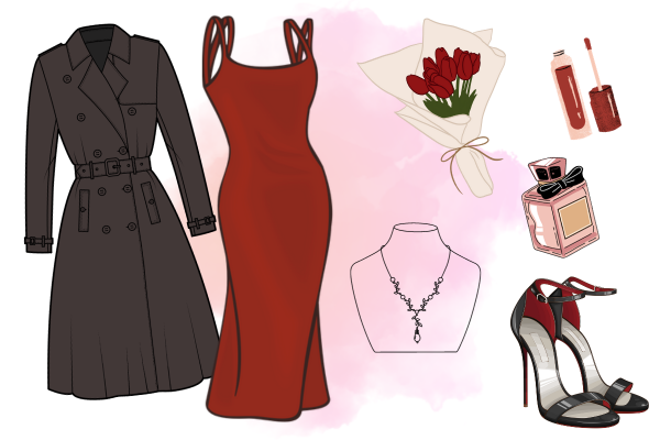 Romantic Valentine’s Day outfit with red slip dress and black coat