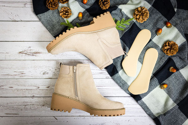 Beige suede ankle booties and ¾ shoe inserts