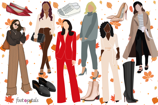 Illustrations of women wearing fall office attire and fall shoes