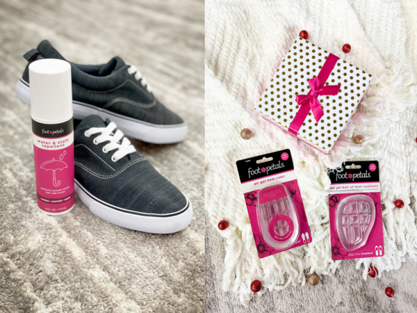 Foot Petals waterproof shoe spray next to sneakers and air gel shoe cushions