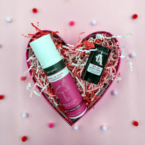 Foot Petals shoe spray and blister balm in heart shaped box