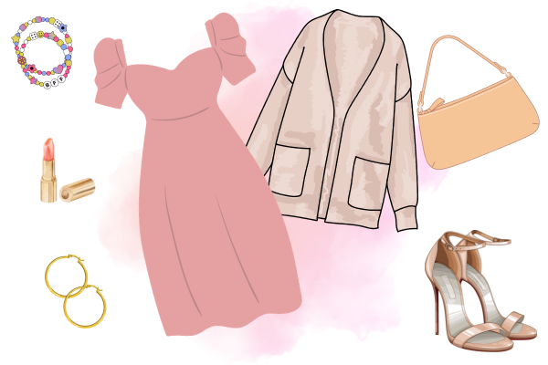 Galentine’s Day outfit idea with pink dress and beige cardigan