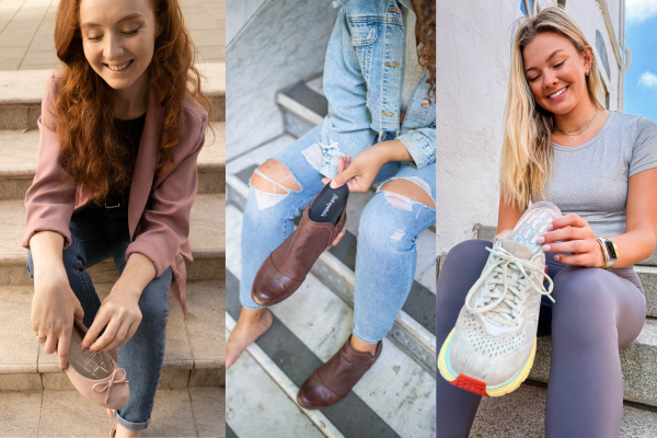 collage of women placing shoe cushions in flats, boots and sneakers