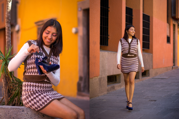 woman placing back of heel cushion into platform heel (left) and an image of a woman walking in heels (right)