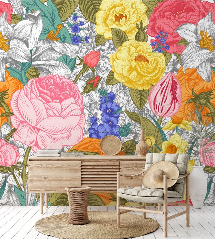 Colourful Tulip Yard Wall Mural | Aesthetic Floral Wall Mural UK