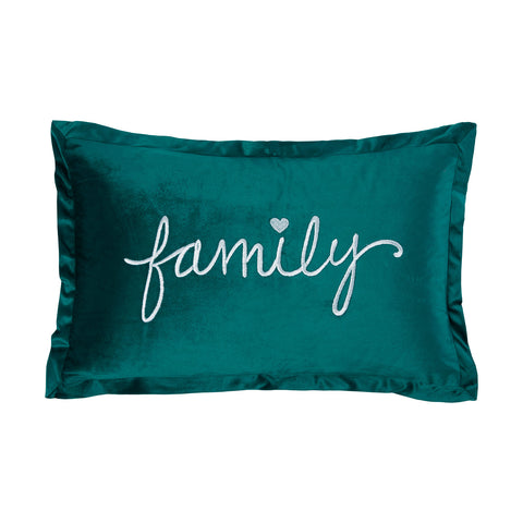Family Teal Embroidered Velvet Cushion (30cm x 50cm)