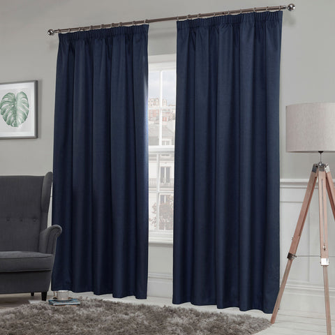 Luna Navy Blue Luxury Thermal Blackout Pencil Pleat Curtains (Pair)