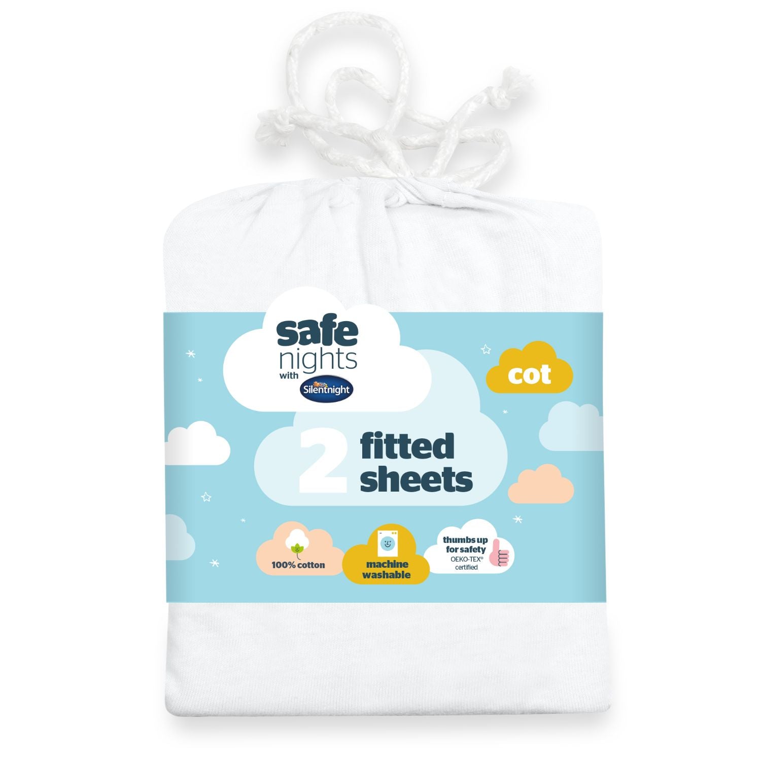 Silentnight Safe Nights 2 x Fitted Sheets, Cot Bed, White|