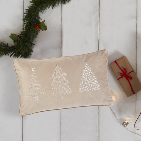 Nordic Pine Natural Embroidered Velvet Cushion (30cm x 50cm)