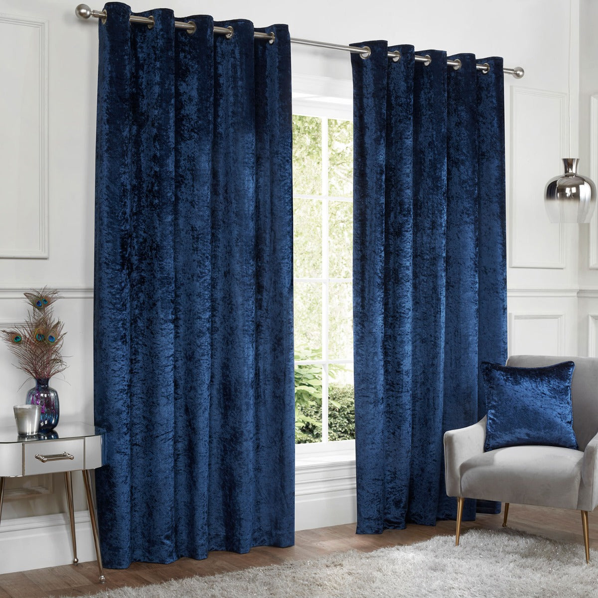 Image of Allure Navy Blue Crushed Velvet Eyelet Curtains