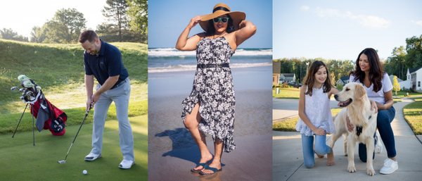 Collage of man playing golf; woman standing on beach; woman and daughter with dog