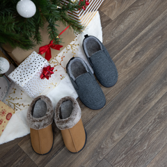 PowerStep orthotic slippers under a Christmas tree