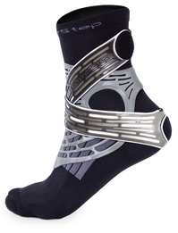 Left PowerStep Dynamic Ankle Support Sock, black sock with gray cage and straps.