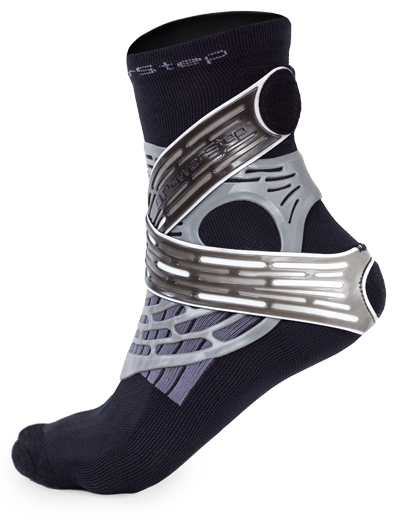 Left PowerStep Dynamic Ankle Support Sock, black sock with gray cage and straps.
