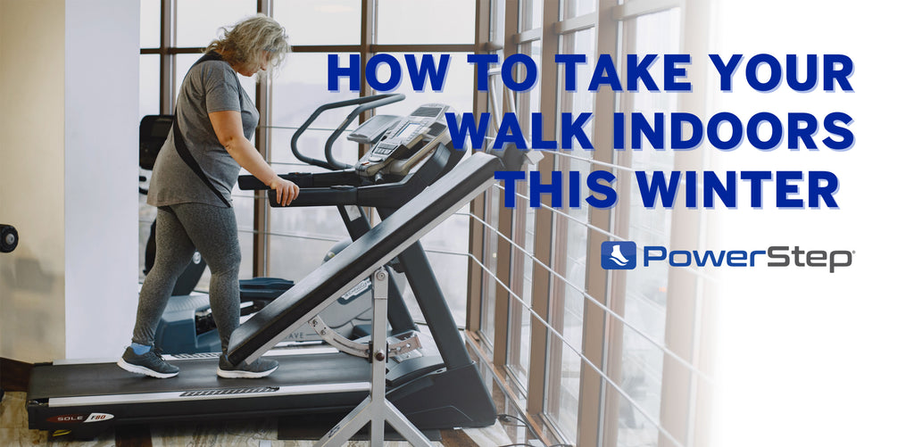 Woman walking on a treadmill inside in the winter