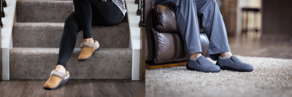 Woman and man wearing orthotic slippers with arch support in beige and grey