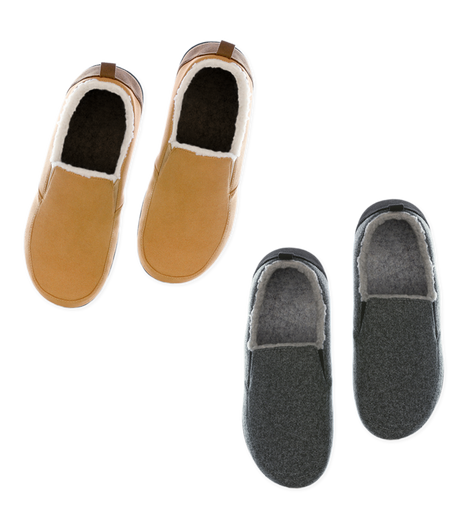 Dark tan pair of men's slippers with charcoal gray pair of men's slippers