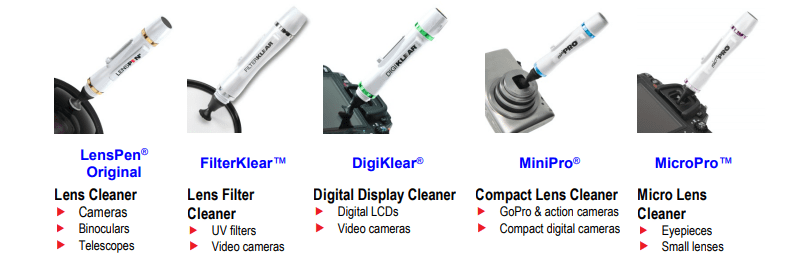 Visual guide on LensPen cleaning tips and sizes for camera lens cleaning kits.