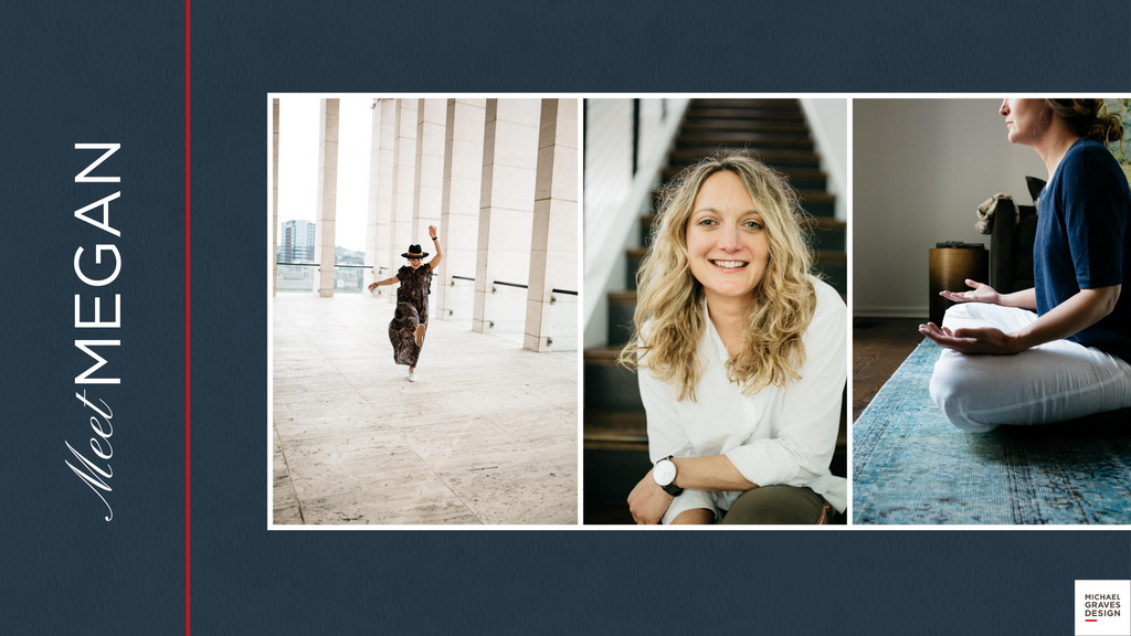 Banner image with photos of Megan dancing on beach, doing yoga, and sitting on stairs