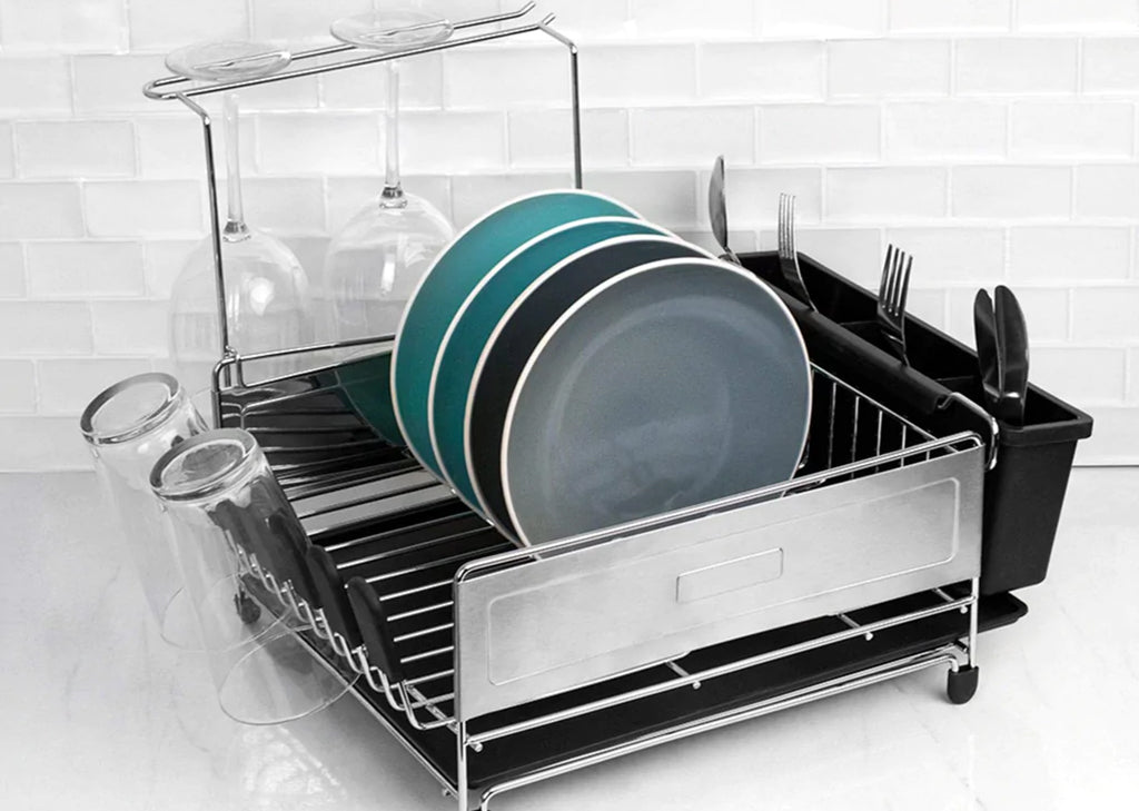 Dish Racks for Kitchen Counter, Dish Drainer with Drainboard Set, Drying  Mat, Glass & Utensil Holder, Durable Stainless Steel Kitchen Organizer and  Storage, Black 