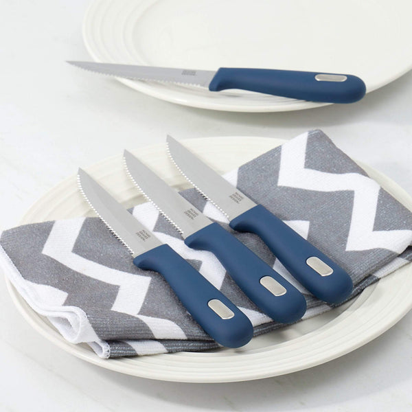 Comfortable Grip 4 Piece 4.5 Inch Stainless Steel Serrated Edge Steak Knife Set, Indigo