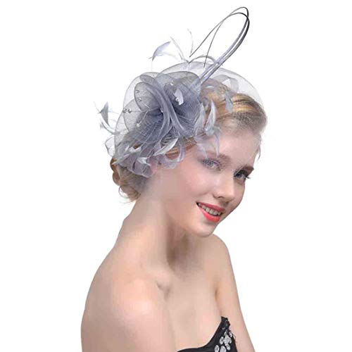 Women Fascinator silver bridal hat  Flower Feather Headband Flapper Pillbox Hat Bowler Mini Top Hat Hair Clips Race Derby Ascot Hat Bridal Wedding Headdress Headpieces Hair Accessories for Evening Party Prom Church