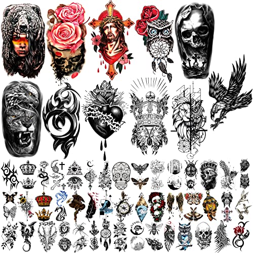 56 Sheets Eagle Crowns Animals Skeleton Totem Temporary Waterproof Tat ...