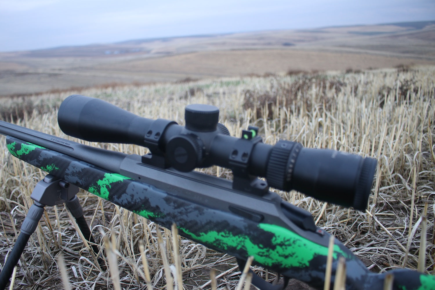  Custom Tikka rifle with Javelin Pro Hunt bipod, posed in a wheat field