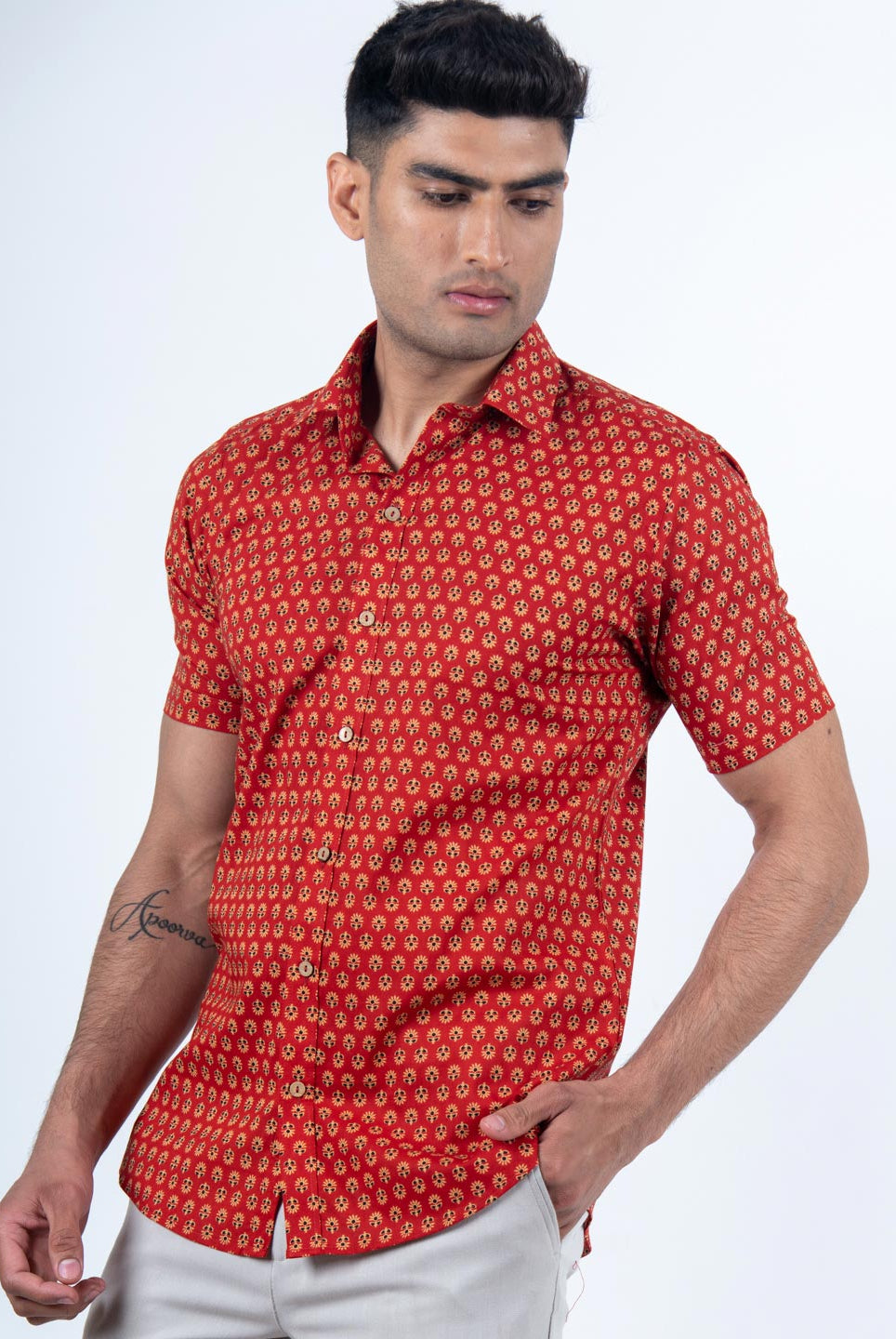 Red Floral Printed Half Sleeves Cotton Shirt