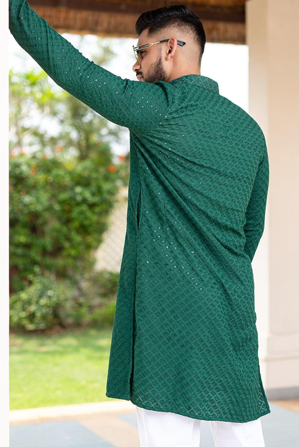 Buy Green Floral Embroidered Cotton Mens Kurta Online