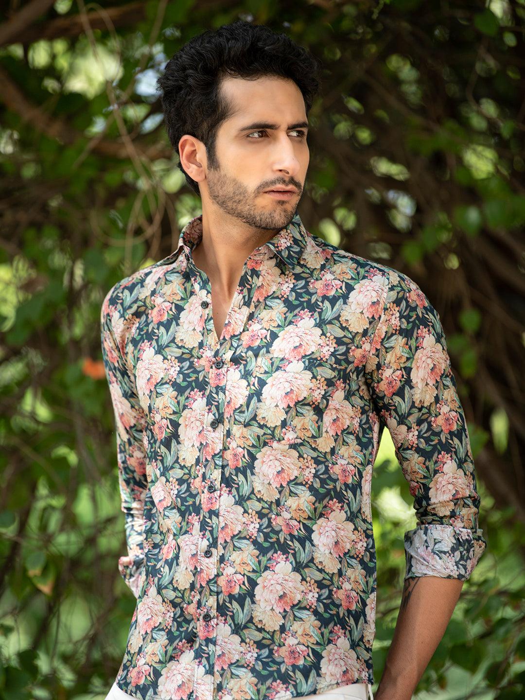 Black Floral Digital Print Cotton Shirt