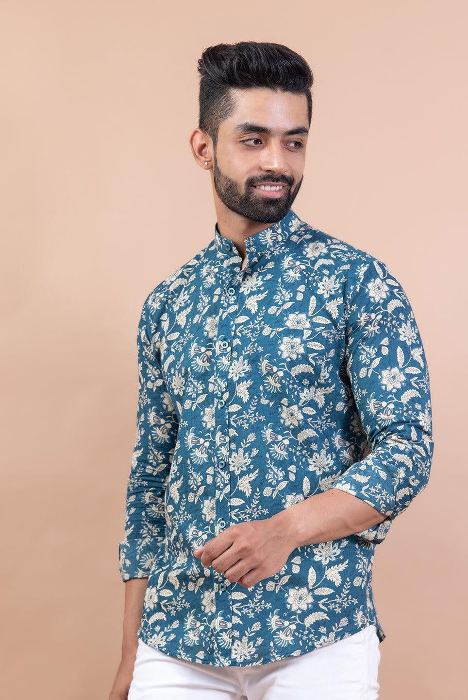 Cotton Half Sleeves Blue Floral Printed Shirt