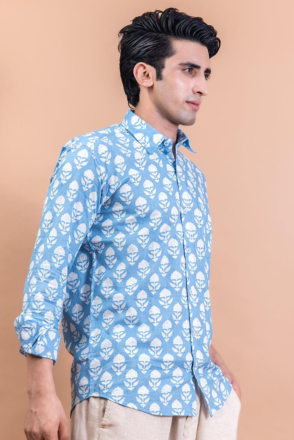 Buy Sky Blue Block Printed Half Sleeves Cotton Shirt Online