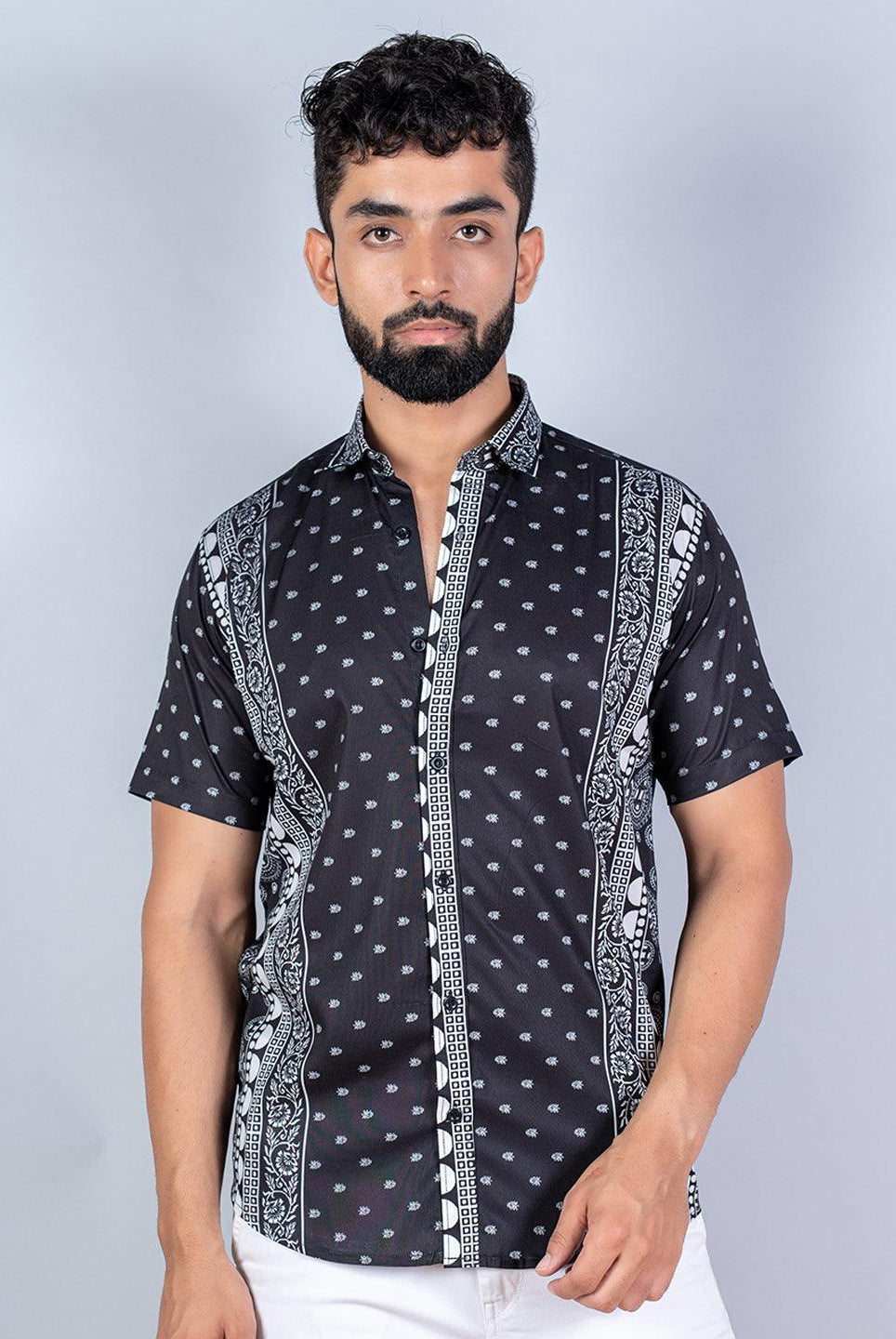 Buy Black and Green Tropical Floral Printed Half Sleeves Crepe Shirt Online