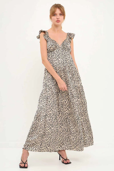 woman in Animalistic Sweetheart Tiered Maxi Dress