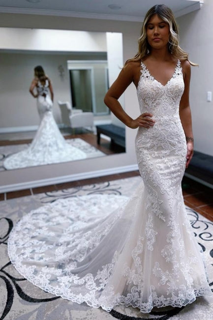 Spaghetti Straps Mermaid Split Wedding Dresses with Detachable Skirt, –  OkBridal