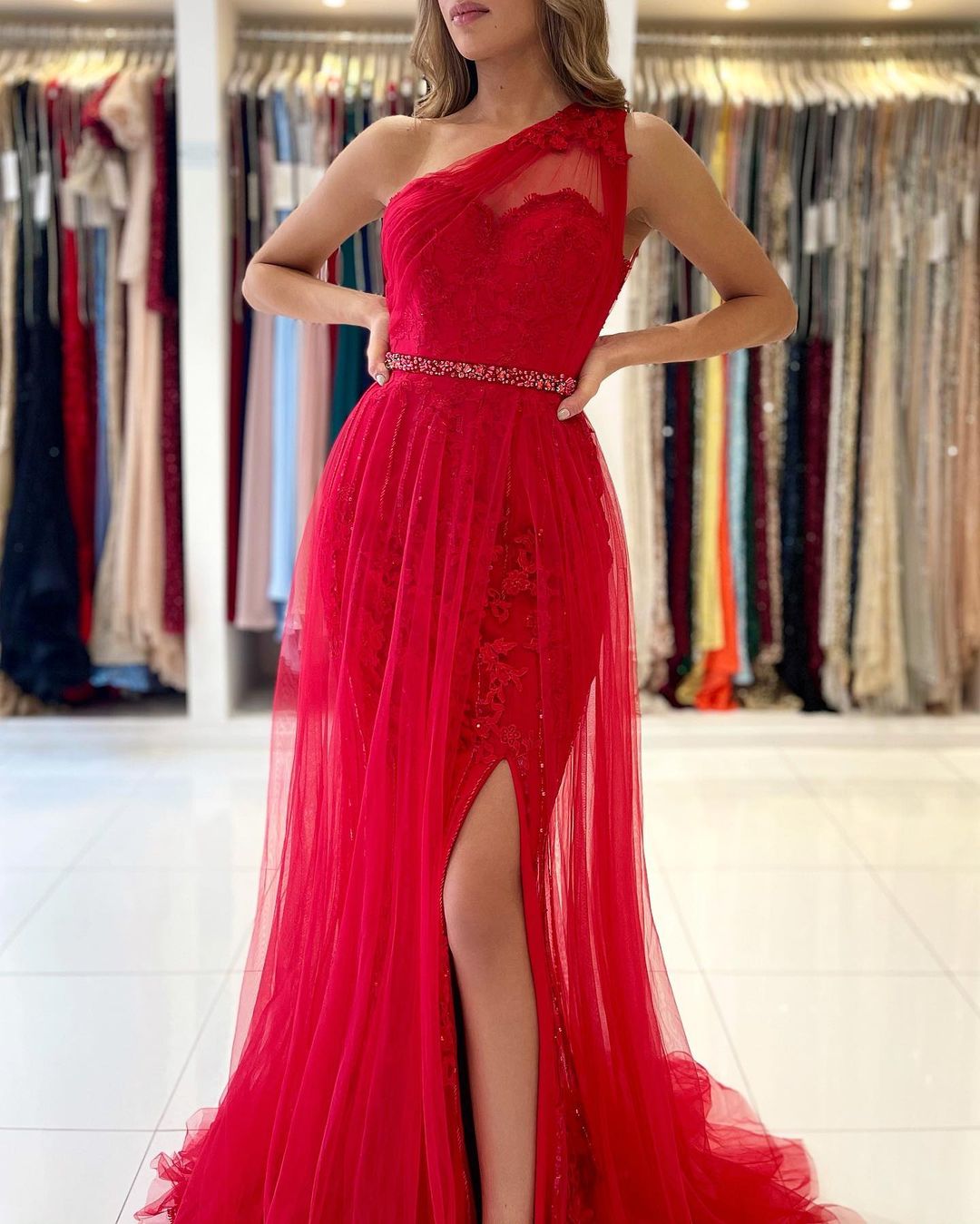 Red Tulle Prom Dress Long Mermaid Appliques Evening Gown With SPlit On ...